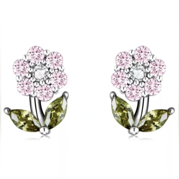 Jewelry - Flower pink sterling silver delicate stud earrings platinum plated